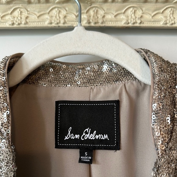 SAM EDELMAN | Champagne Gold Sequin Blazer Open Front 3/4 Sleeves - Picture 6 of 15